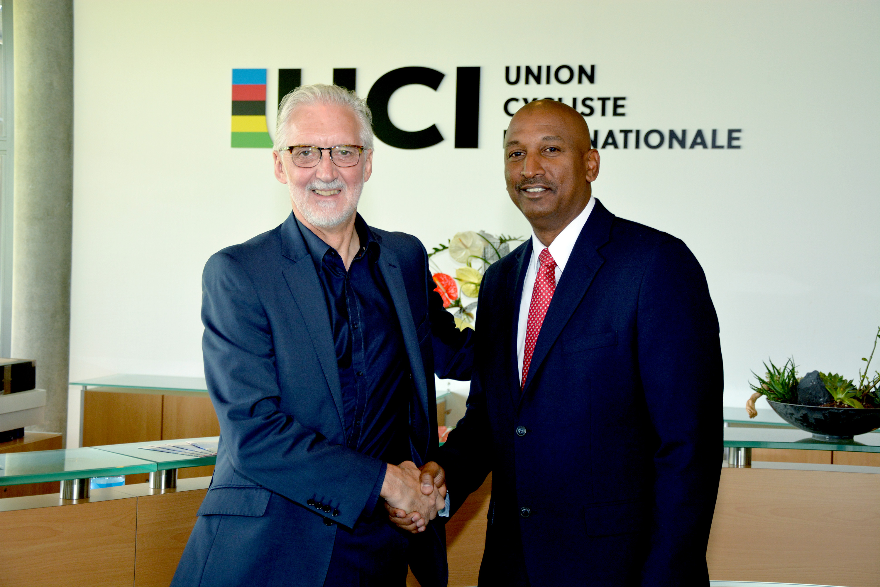 UCI President, Brian Cookson (left) and TTCF President, Robert Farrier (right) at UCI HQ in Aigle, Switzerland